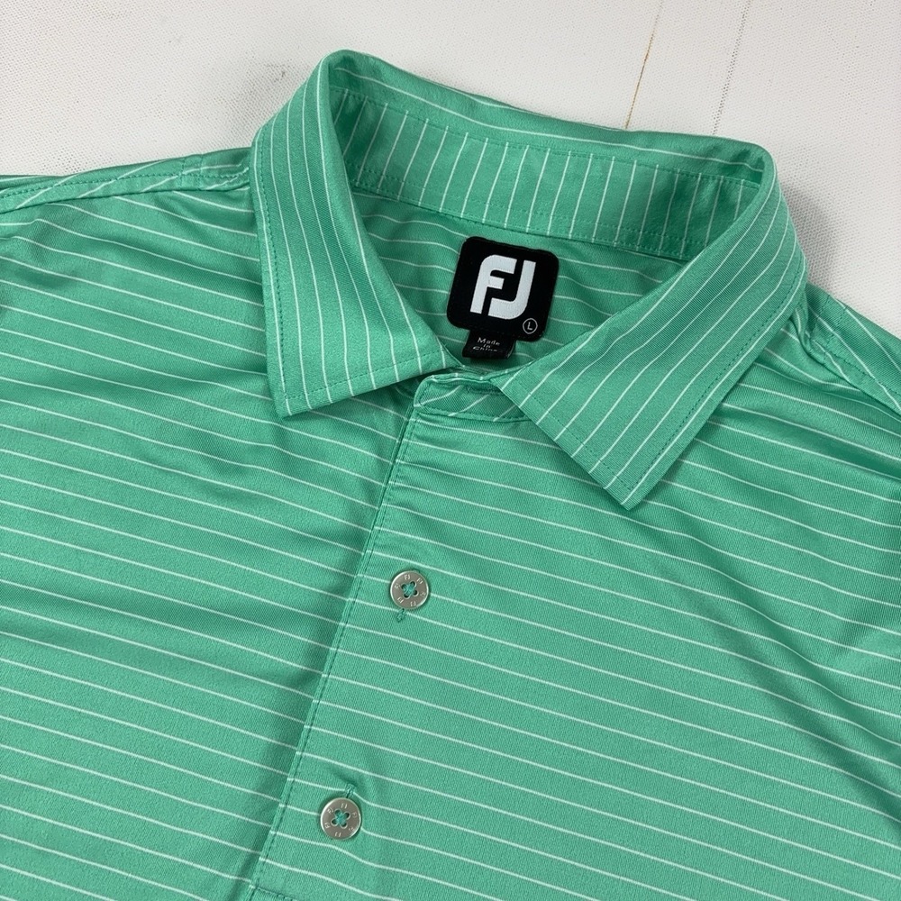 FootJoy Golf Polo Shirt Mens L Green Striped Crest Logo Stretch Short Sleeve